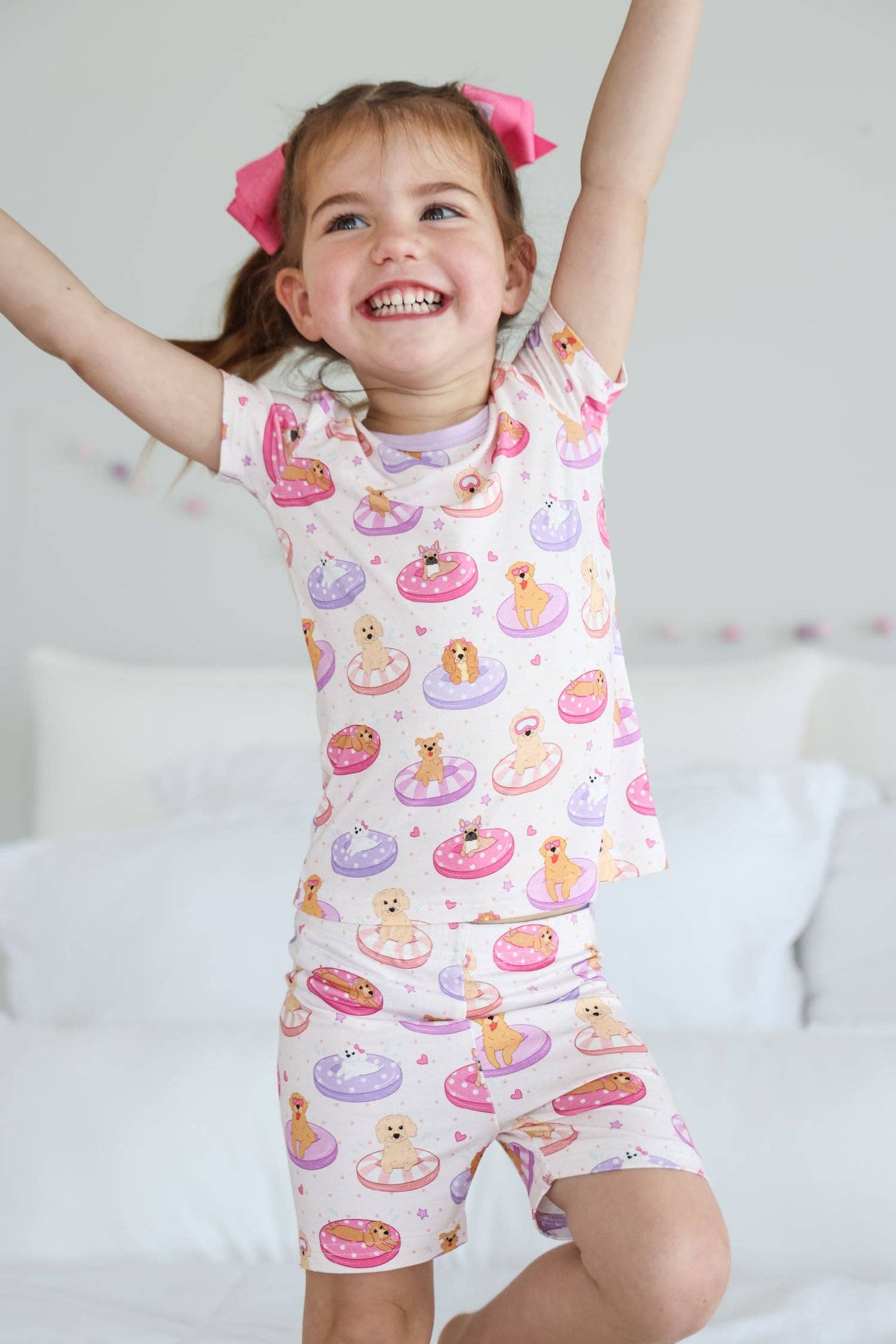 Two Piece Short Pajama Set | Poolside Pups Pink