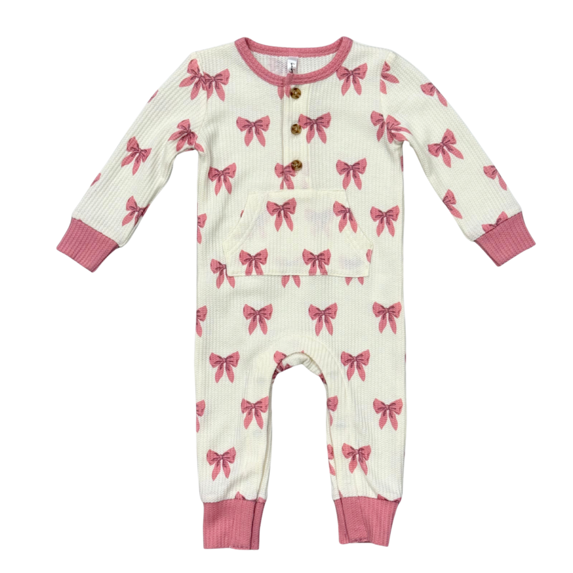 Baby onesie with pink bow pattern on a white background