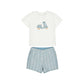 Vespa applique on white tee and blue stripe short set