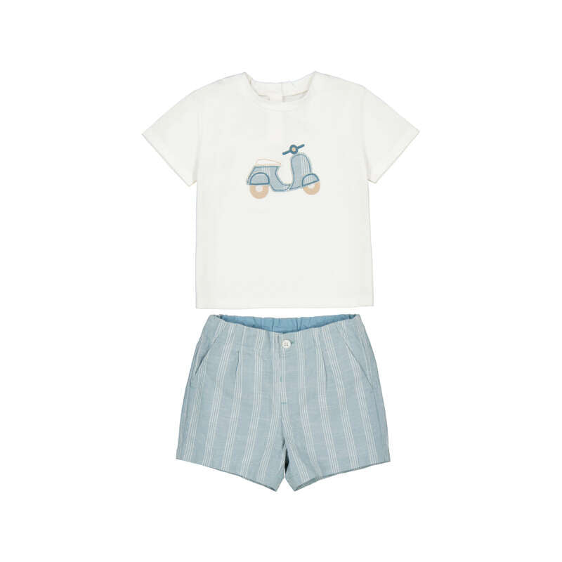 Vespa applique on white tee and blue stripe short set