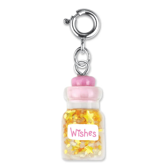 bottle charm with 'Wishes' label and yellow stars
