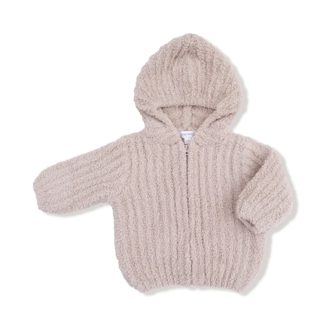 A baby's fuzzy, ribbed knit zip-up hoodie with a hood, shown flat on a white background.