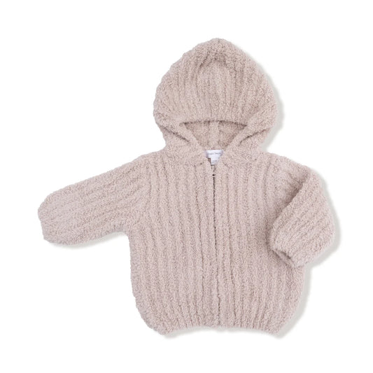A baby's fuzzy, ribbed knit zip-up hoodie with a hood, shown flat on a white background.