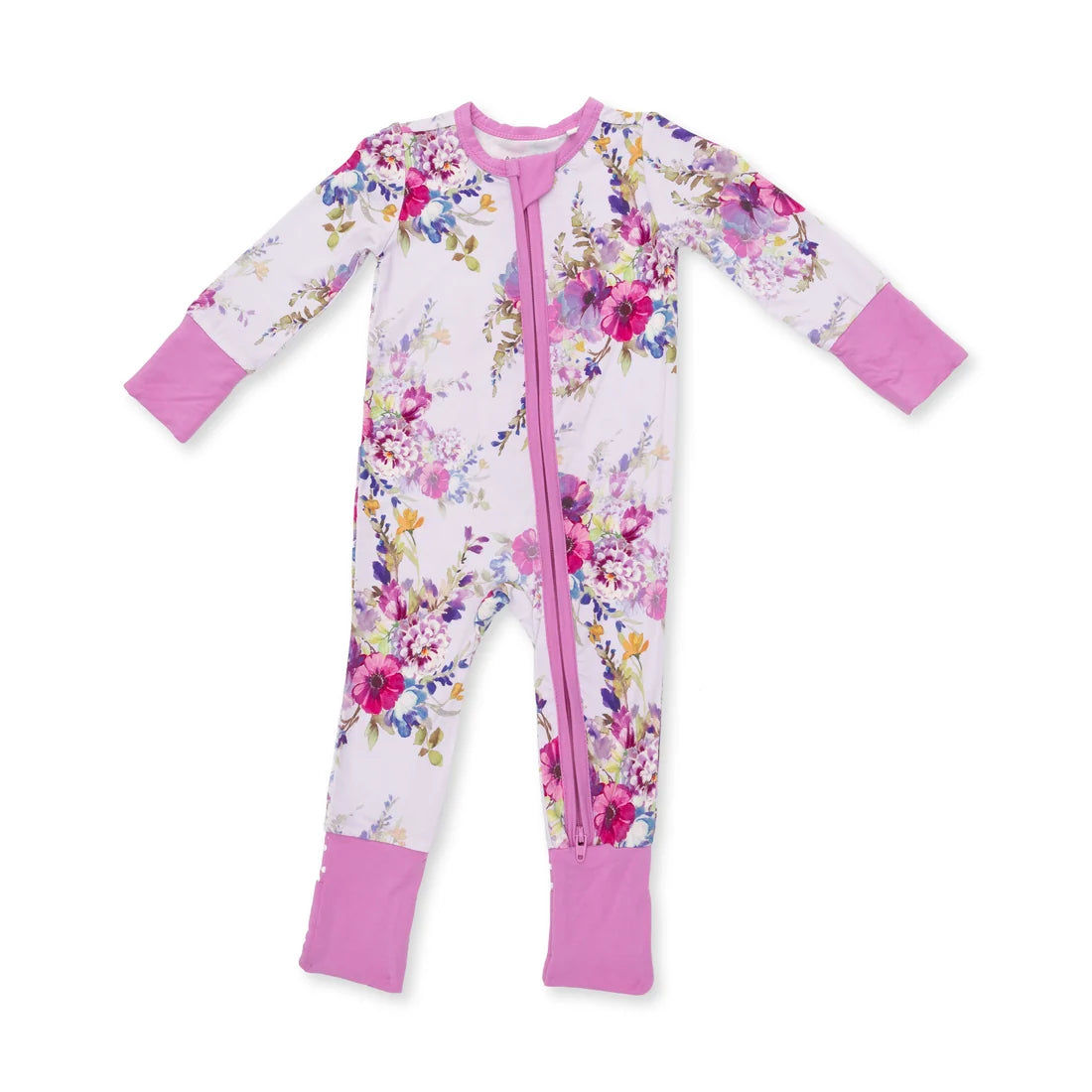A baby long-sleeve footed one-piece sleeper with a pink zipper, featuring a white background with a colorful floral print and solid pink cuffs and foot cuffs.