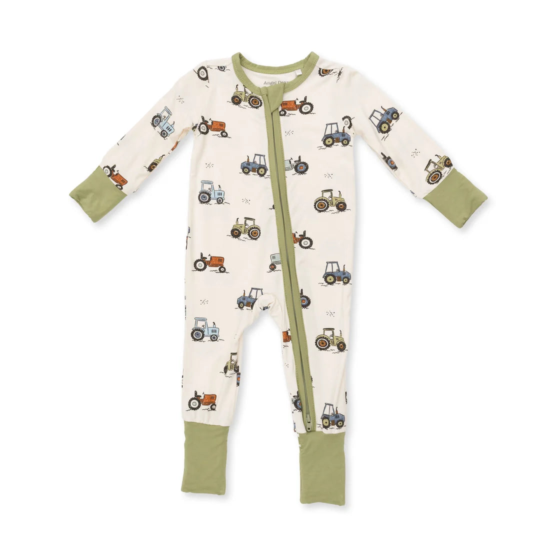 A baby's long-sleeve footless sleep suit with a front zipper, featuring an all-over tractor print on an off-white background with sage green cuffs and leg cuffs.