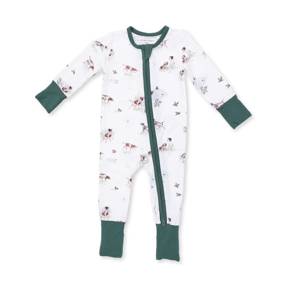 Baby onesie with floral pattern and green accents on a white background