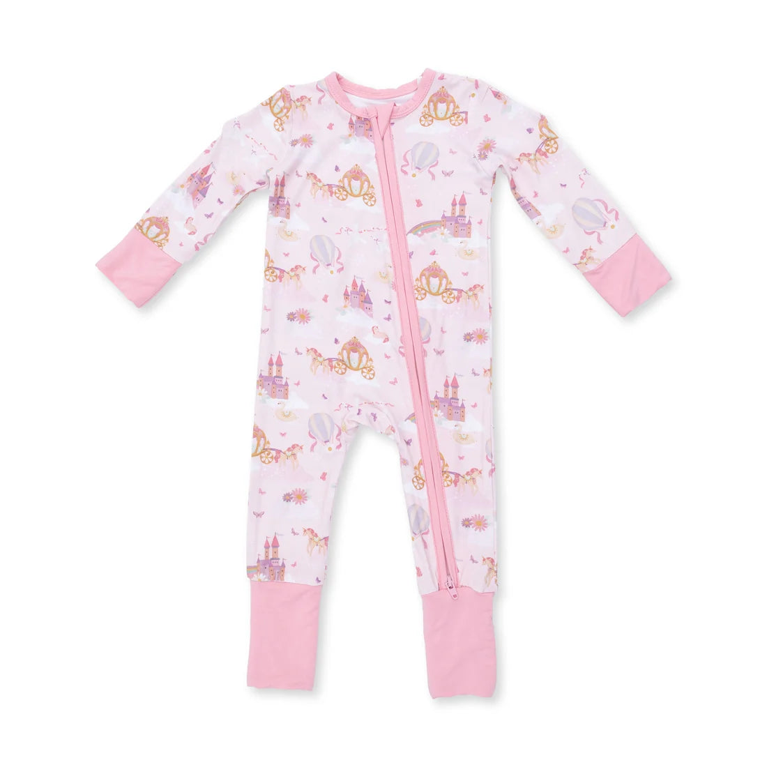 A baby's long-sleeve footed sleeper in light pink, featuring a whimsical print of castles, carriages, and balloons, with solid pink cuffs and a pink zipper.