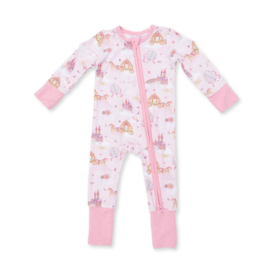 A baby's long-sleeve footed sleeper in light pink, featuring a whimsical print of castles, carriages, and balloons, with solid pink cuffs and a pink zipper.