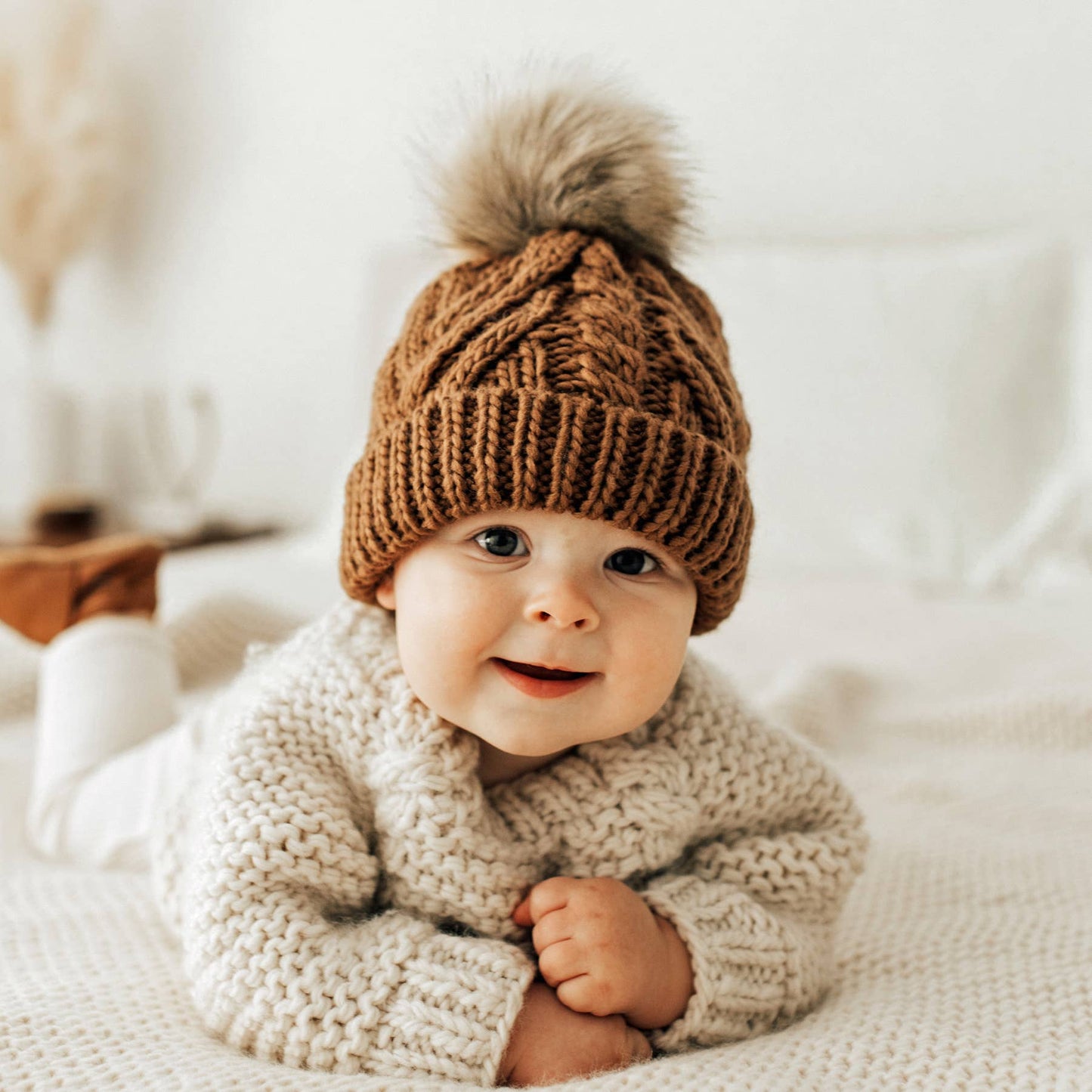 Pecan Pop Pom Pom Beanie Hat Baby & Kids