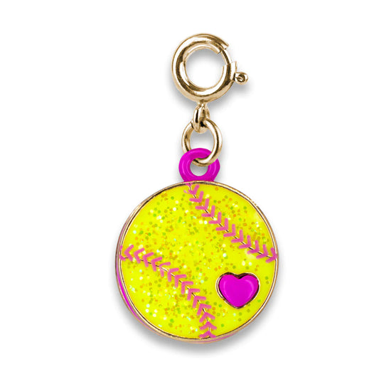 Gold charm with a yellow softball design and pink heart