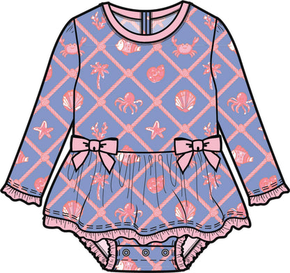 Baby Girls Tropical Trellis Long Sleeve One Piece Bow Peplum Rash Guard Swimsuit with Signature Rear Ruffles