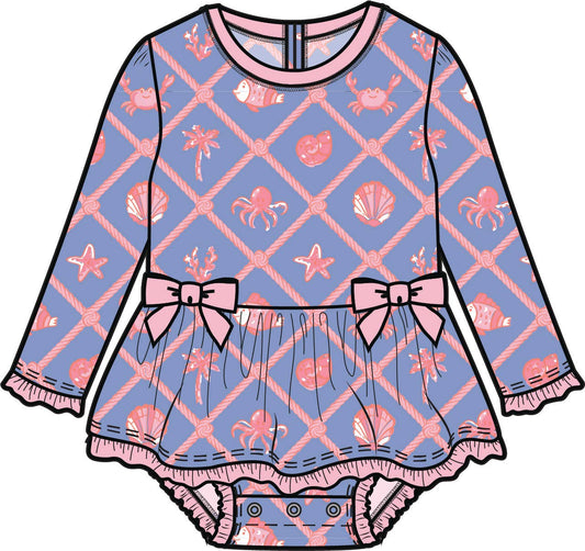 Baby Girls Tropical Trellis Long Sleeve One Piece Bow Peplum Rash Guard Swimsuit with Signature Rear Ruffles