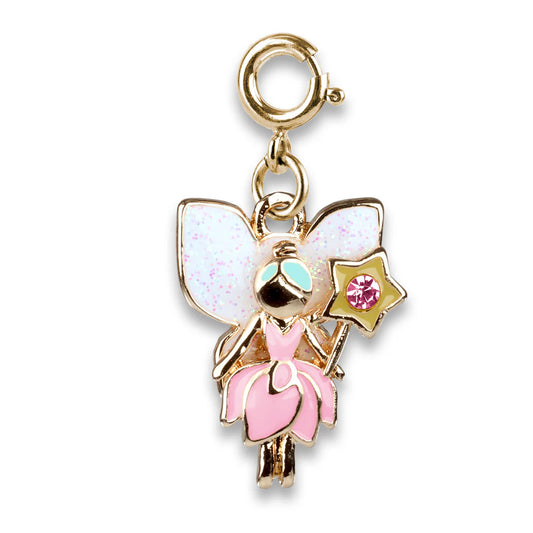 Gold fairy charm with pink wings and a star
