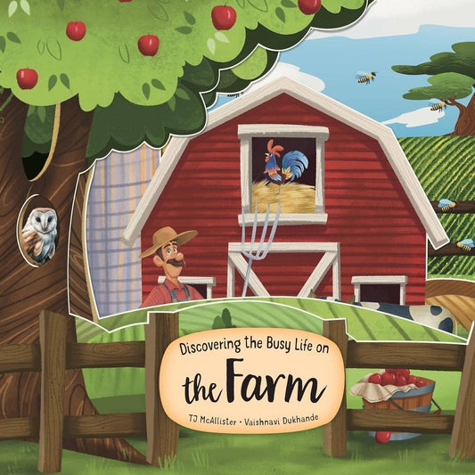Illustrated farm scene with a barn, trees, and animals, featuring the book title 'Discovering the Busy Life on the Farm'.