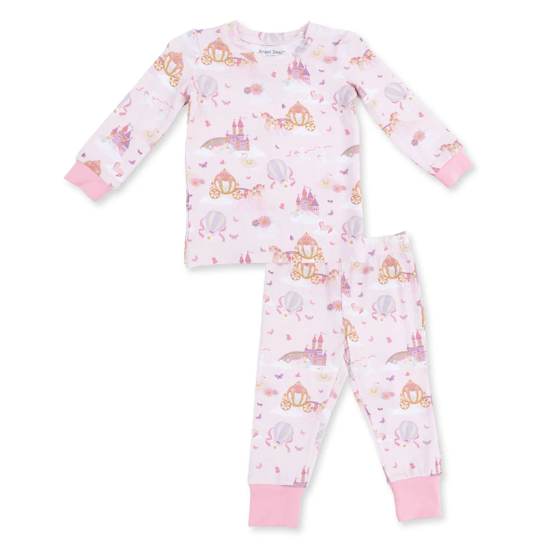 A two-piece children's pajama set by Princess Design, featuring a long-sleeve top and matching pants in light pink with an all-over whimsical print of unicorns, castles, carriages, and hot air balloons, finished with solid pink cuffs.