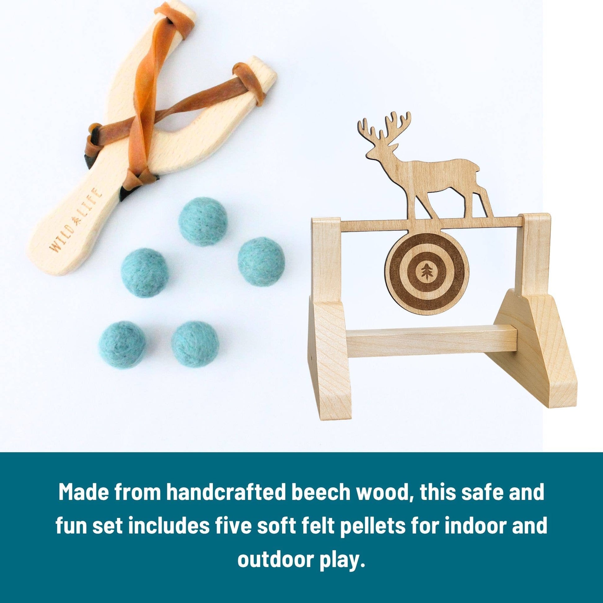 Wooden slingshot set with felt pellets and target on a white background