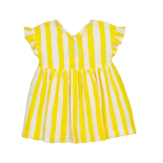 Yellow and white striped dress with ruffled sleeves
