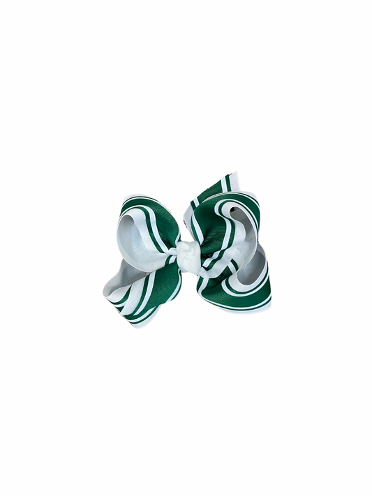 Green and White Layered Bow w/ Bold White Stripes