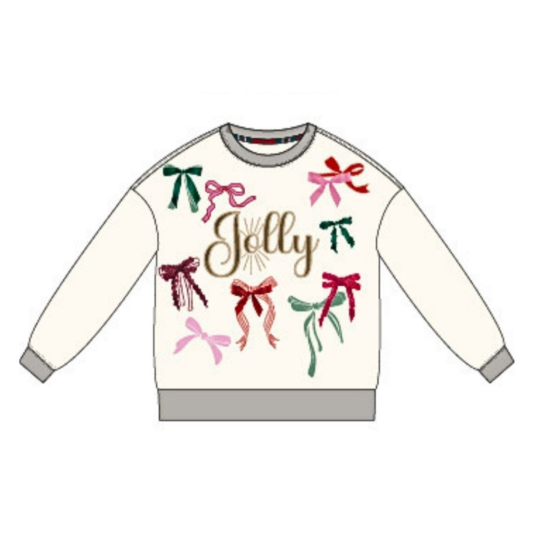 A white crewneck sweatshirt featuring a festive Christmas design with the word 'Jolly' in gold script, surrounded by colorful embroidered bows in green, pink, and red, with gray ribbed cuffs, hem, and collar.