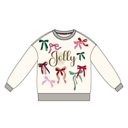 A white crewneck sweatshirt featuring a festive Christmas design with the word 'Jolly' in gold script, surrounded by colorful embroidered bows in green, pink, and red, with gray ribbed cuffs, hem, and collar.