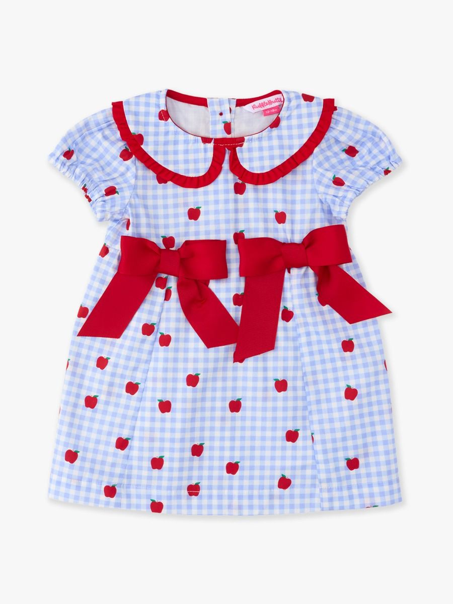 Girls Apple Orchard Gingham Woven Peter Pan Ruffle Bow Short Sleeve Dress