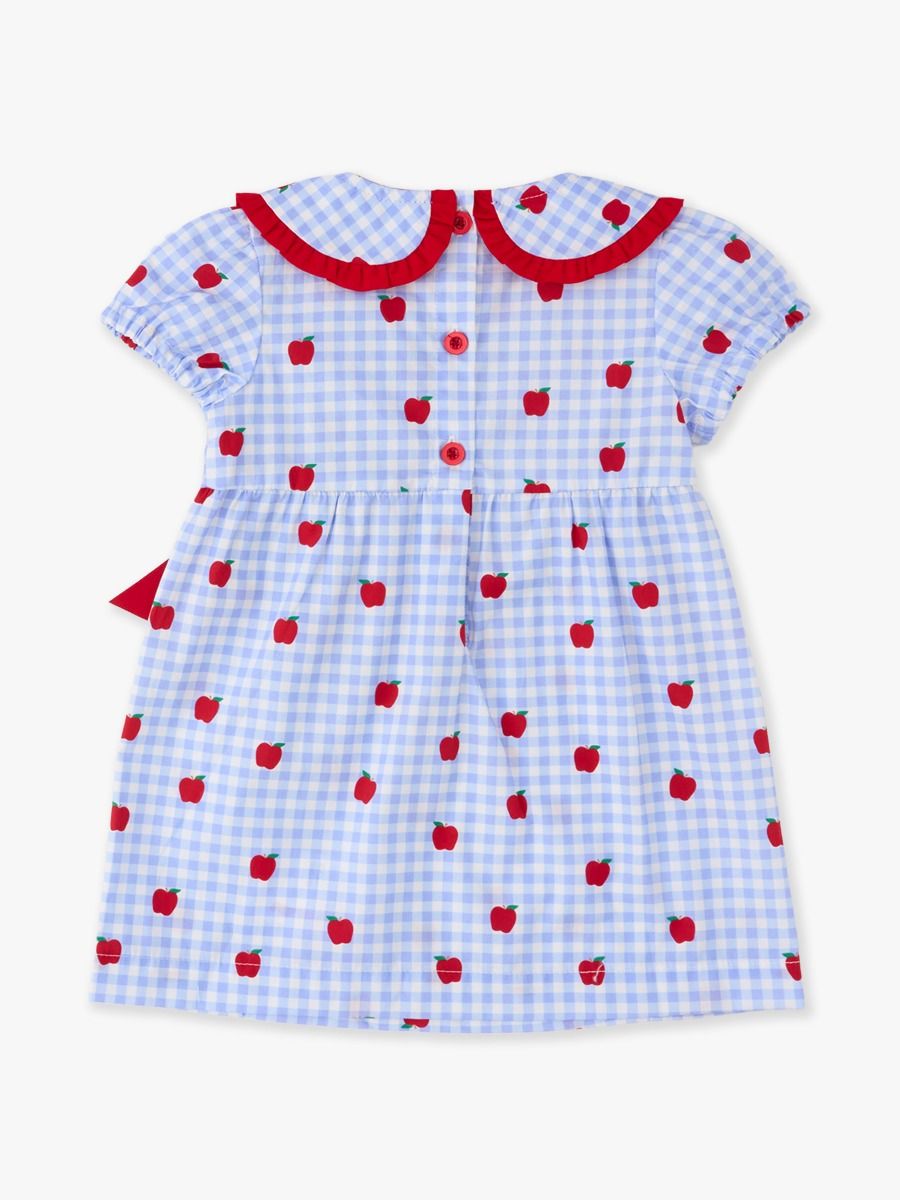 Girls Apple Orchard Gingham Woven Peter Pan Ruffle Bow Short Sleeve Dress