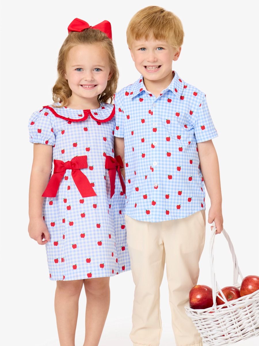 Girls Apple Orchard Gingham Woven Peter Pan Ruffle Bow Short Sleeve Dress