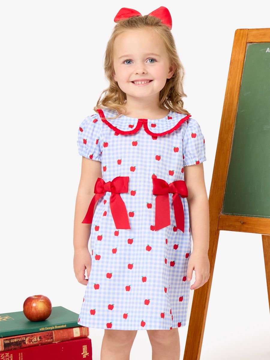 Girls Apple Orchard Gingham Woven Peter Pan Ruffle Bow Short Sleeve Dress