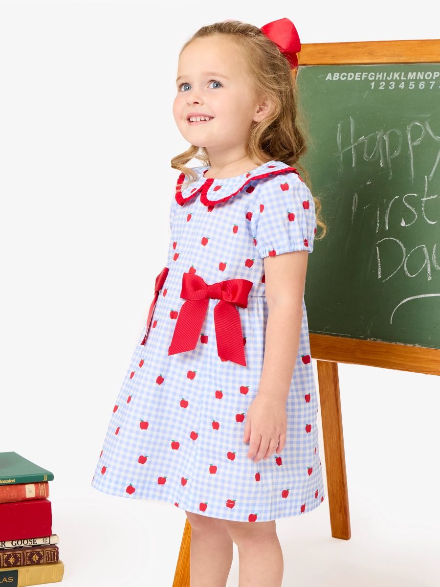 Girls Apple Orchard Gingham Woven Peter Pan Ruffle Bow Short Sleeve Dress