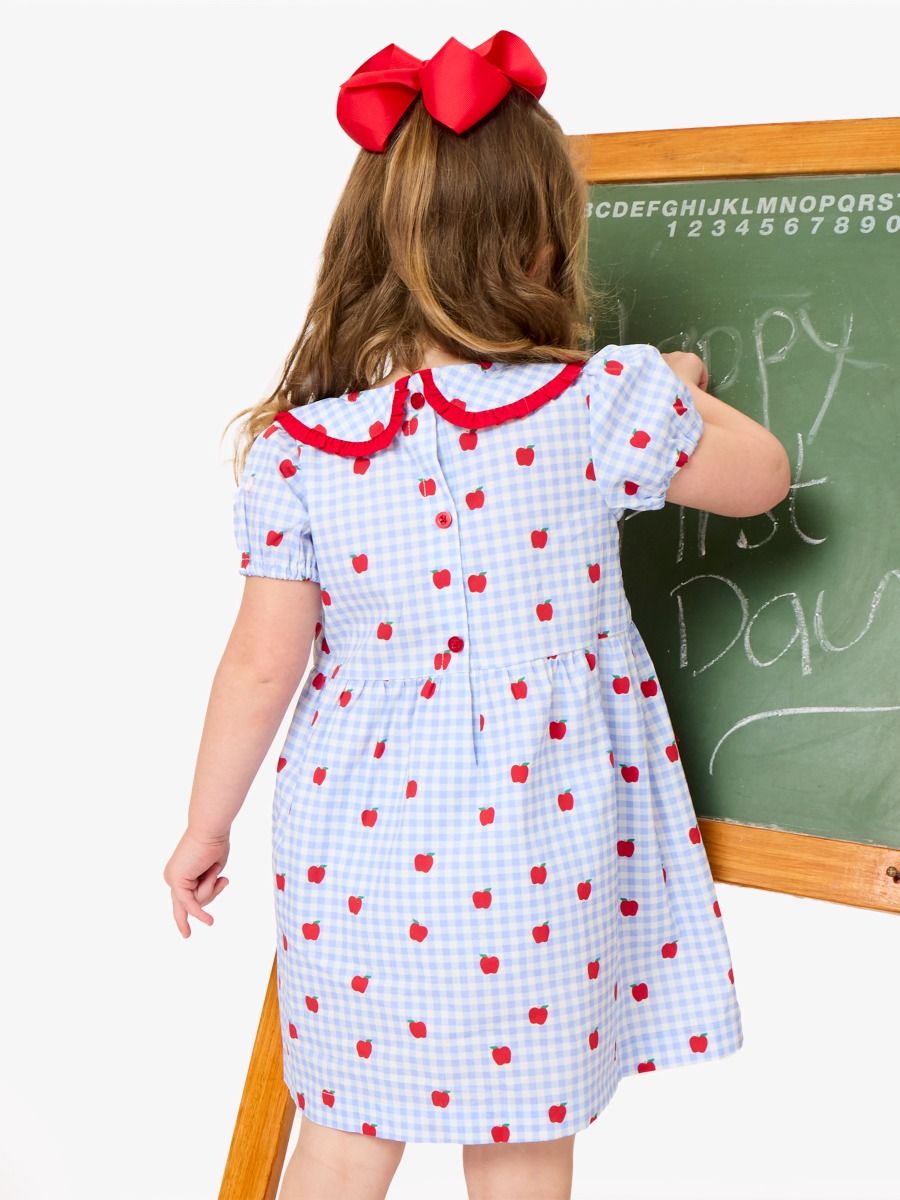 Girls Apple Orchard Gingham Woven Peter Pan Ruffle Bow Short Sleeve Dress