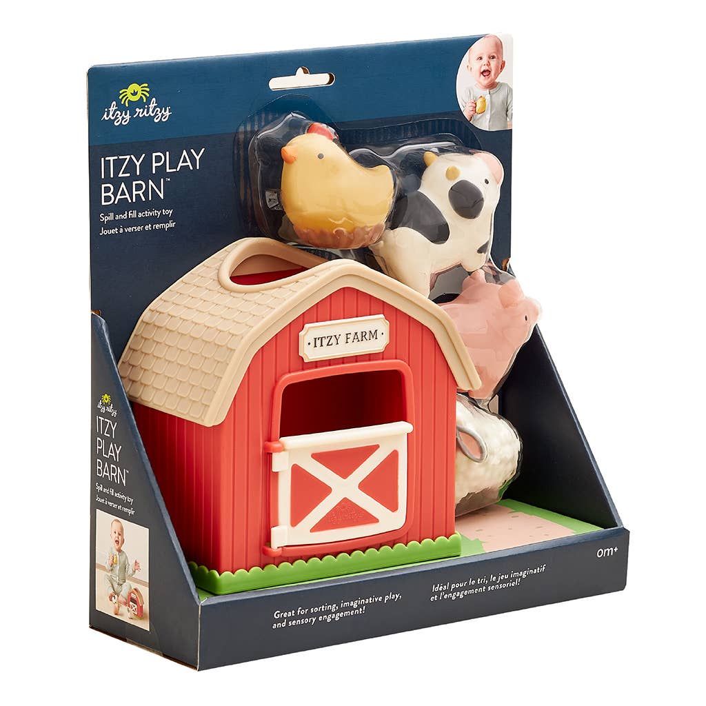 Itzy Play Barn toy set in packaging with farm animals on a white background