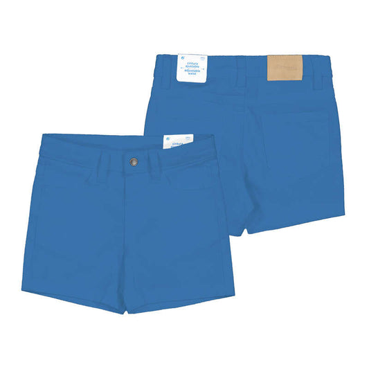 Pair of blue shorts with a button and back pocket 
