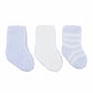 Three pairs of baby socks in blue, white, and striped patterns 