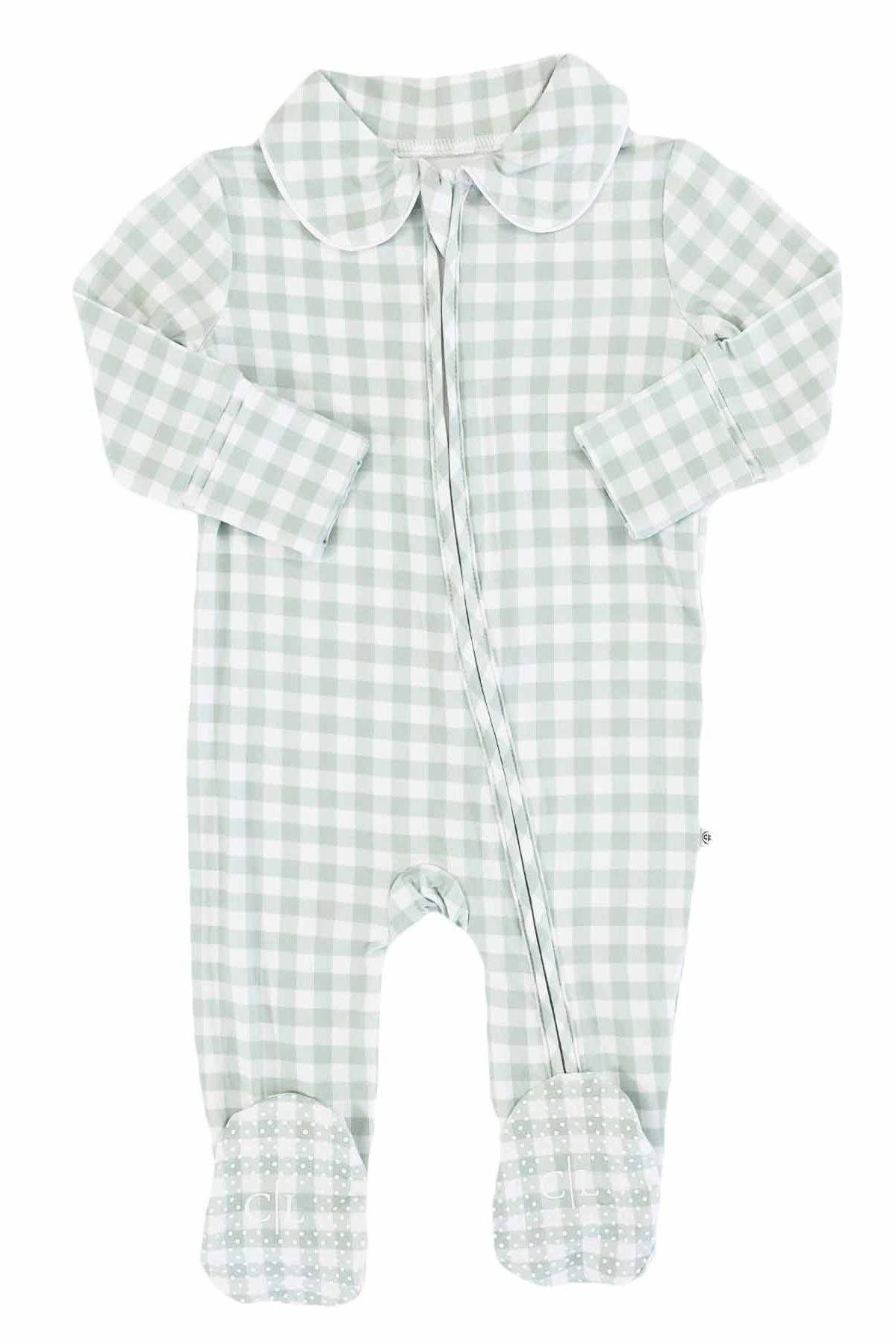 Peter Pan Collar Zipper Footie // Moss Gingham