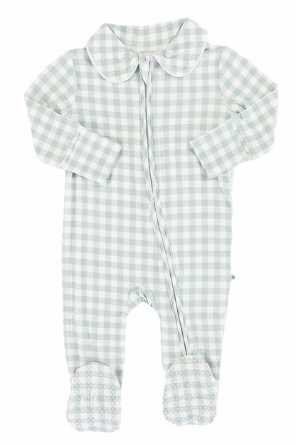 Peter Pan Collar Zipper Footie // Moss Gingham