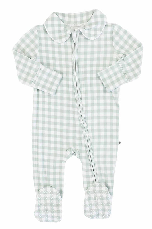 Peter Pan Collar Zipper Footie // Moss Gingham