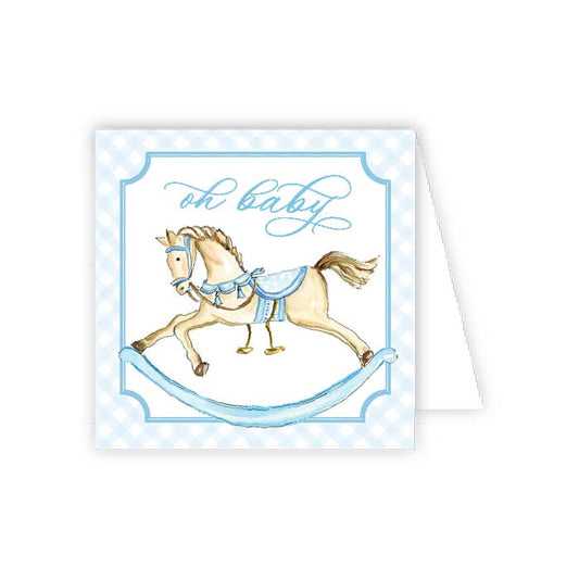 Baby shower card with rocking horse and 'oh baby' text on a blue and white checkered background