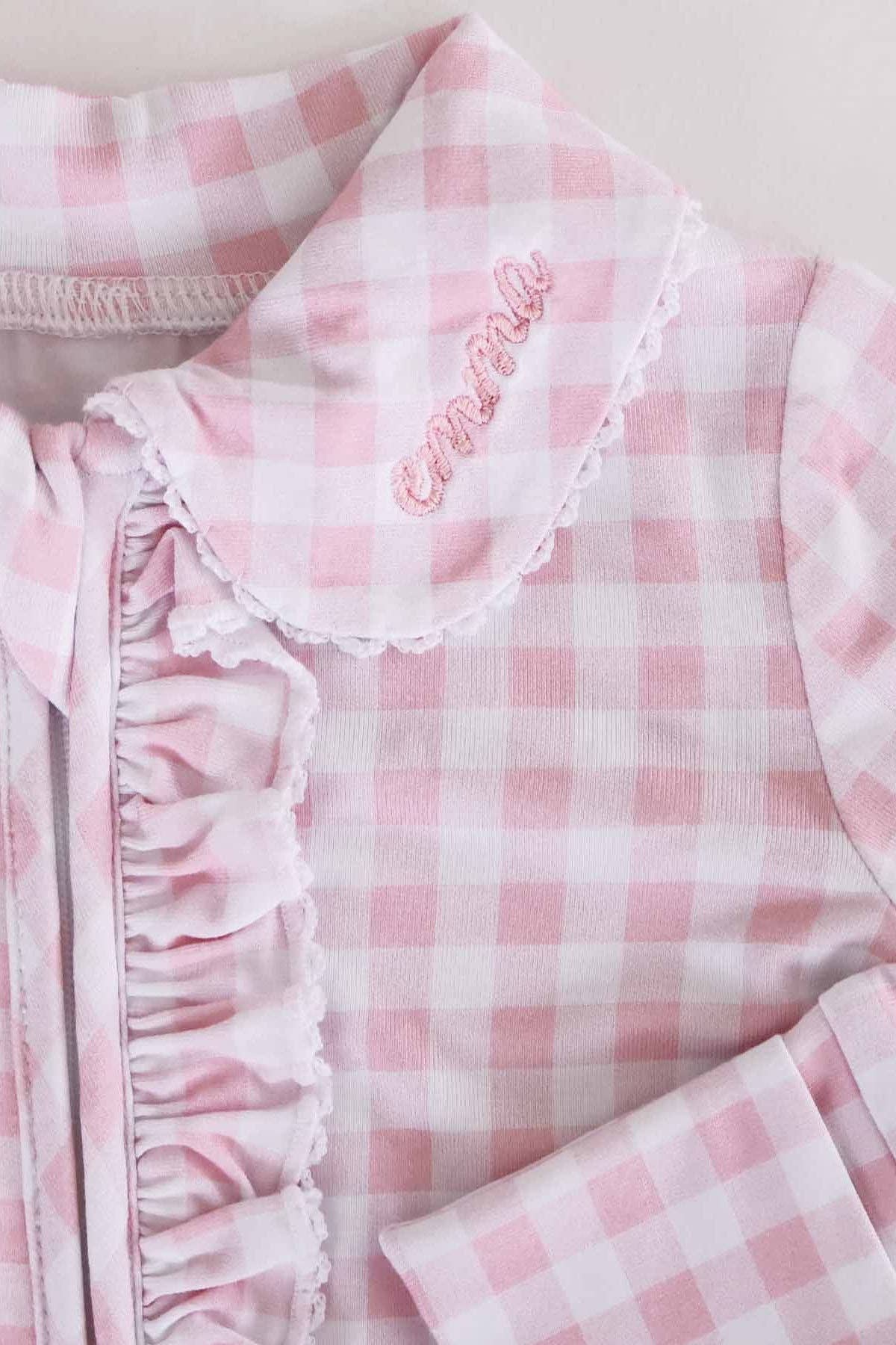Peter Pan Collar Ruffle Zipper Footie | Rosy Gingham