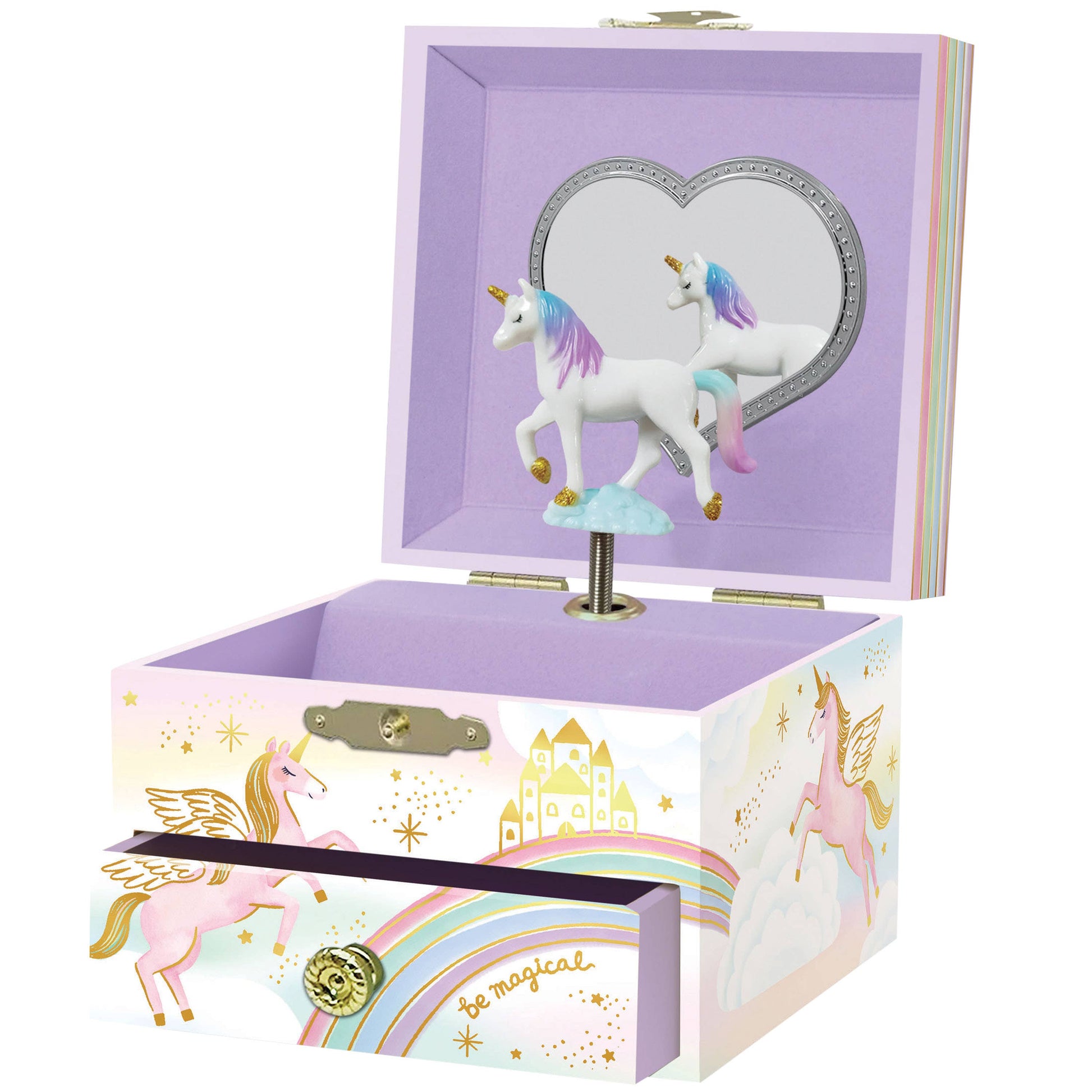 Unicorn-themed music box with a heart-shaped window and colorful design on a white background