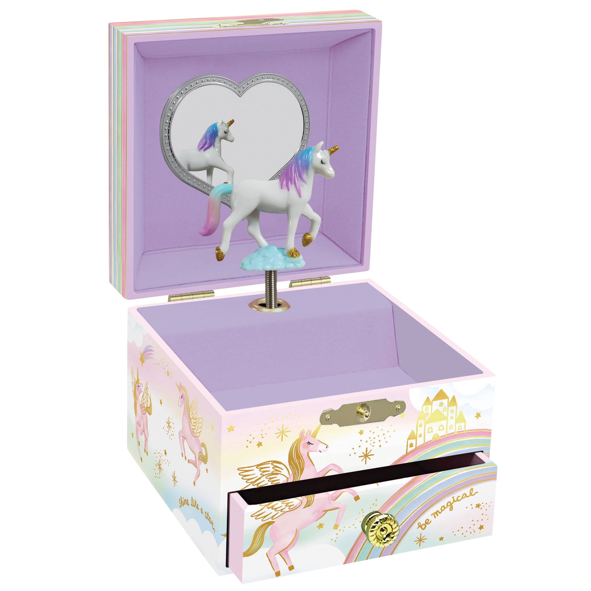 Unicorn-themed music box with a spinning unicorn figure on a white background