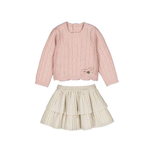 A two-piece girls' outfit set featuring a light pink cable-knit long-sleeve sweater with a small bow detail on the front