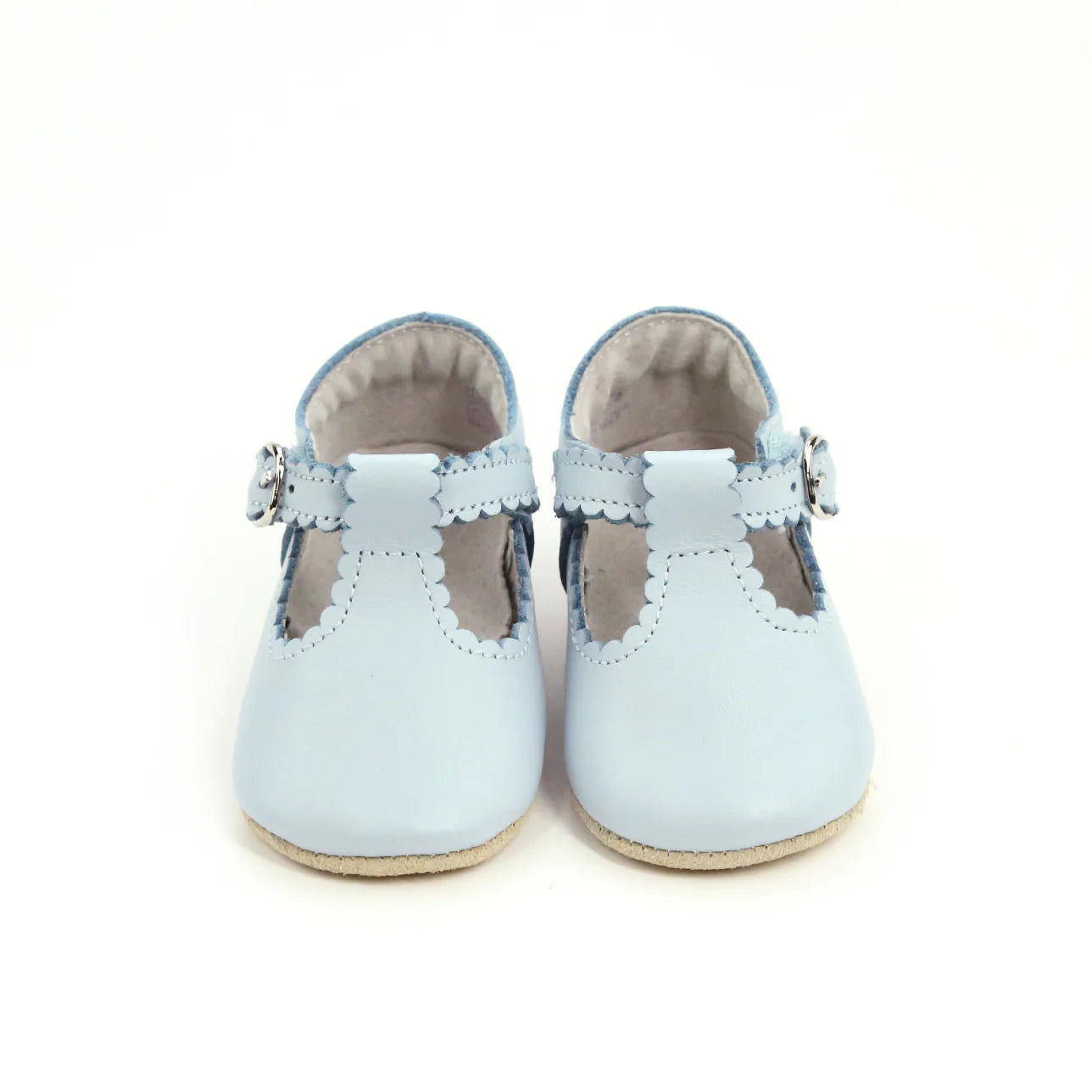 Pair of light blue baby shoes with soft soles 