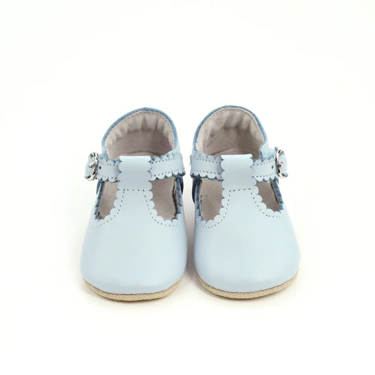 Pair of light blue baby shoes with soft soles 