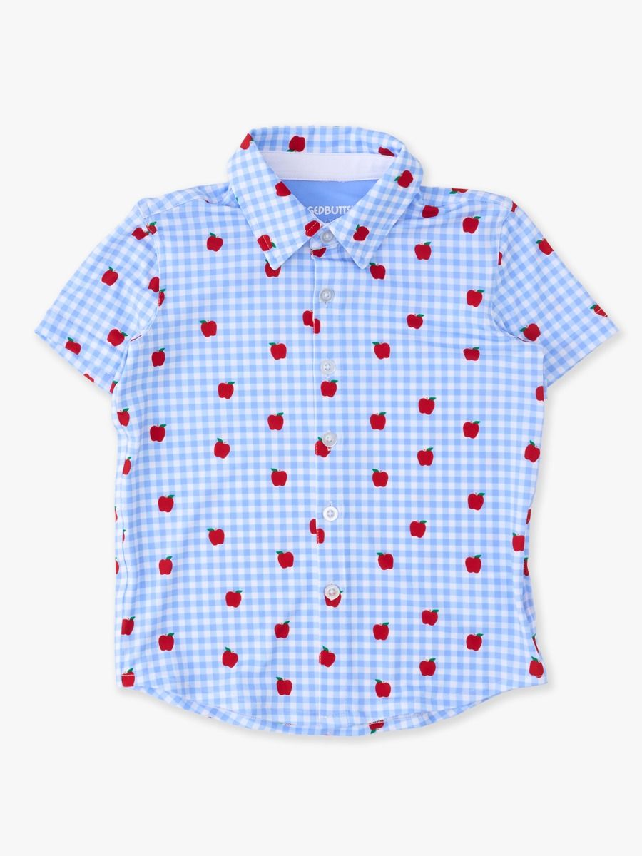 Boys Apple Orchard Gingham Knit Performance Short Sleeve Button Down Shirt