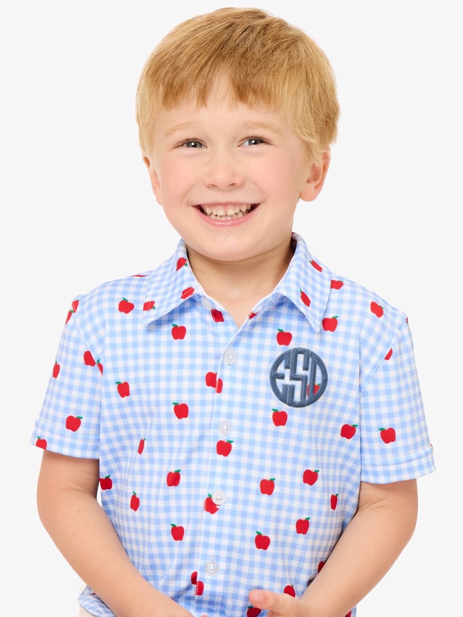 Boys Apple Orchard Gingham Knit Performance Short Sleeve Button Down Shirt