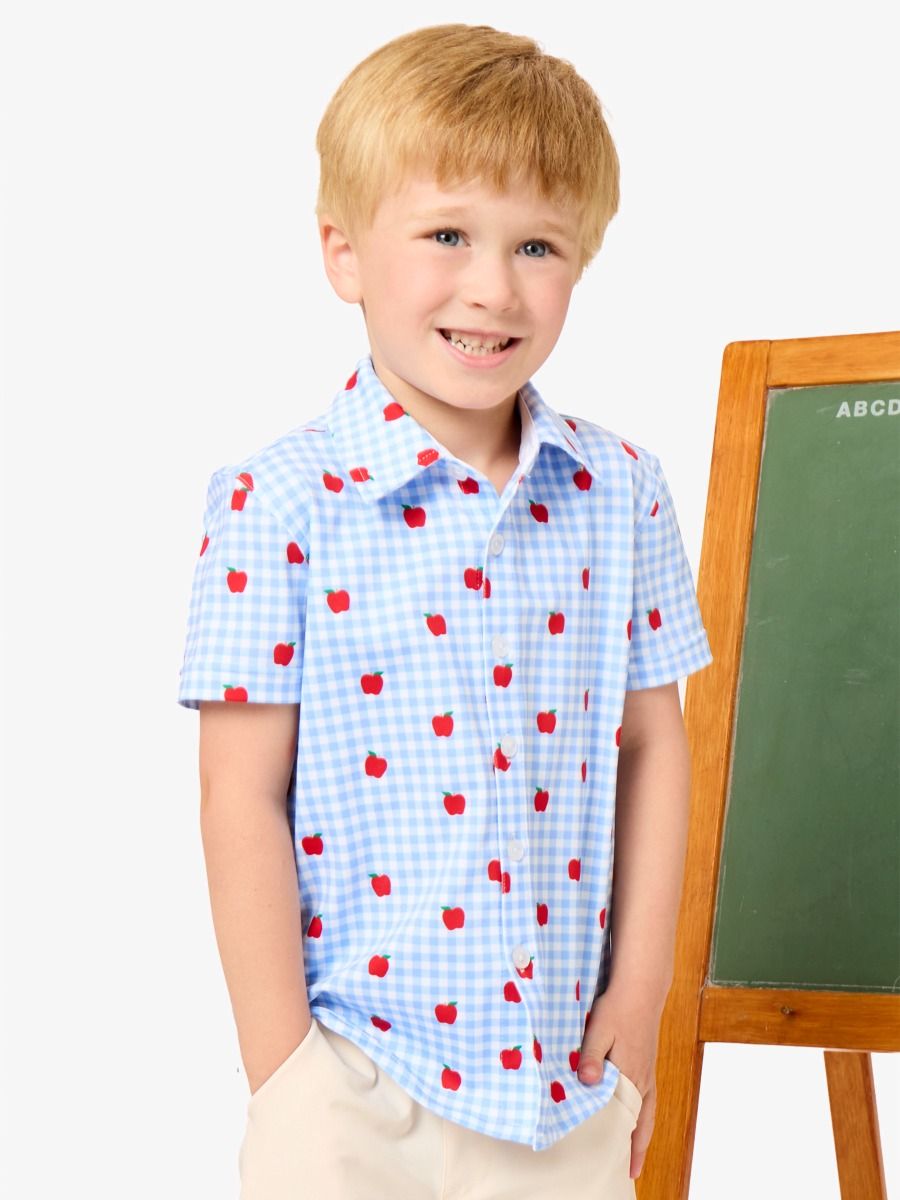 Boys Apple Orchard Gingham Knit Performance Short Sleeve Button Down Shirt