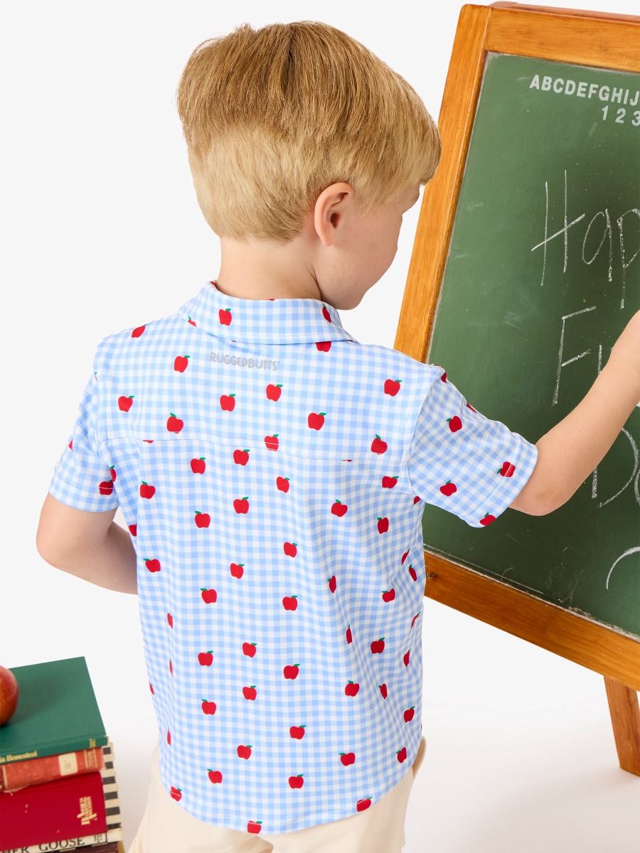 Boys Apple Orchard Gingham Knit Performance Short Sleeve Button Down Shirt