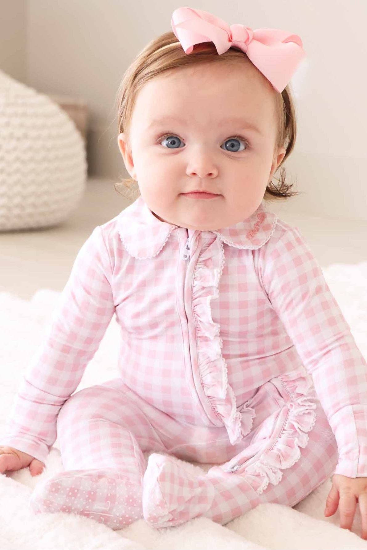 Peter Pan Collar Ruffle Zipper Footie | Rosy Gingham