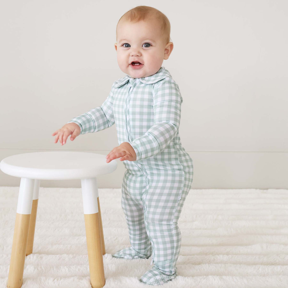 Peter Pan Collar Zipper Footie // Moss Gingham