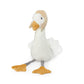 Plush toy goose with a white body, brown head, and orange feet on a white background
